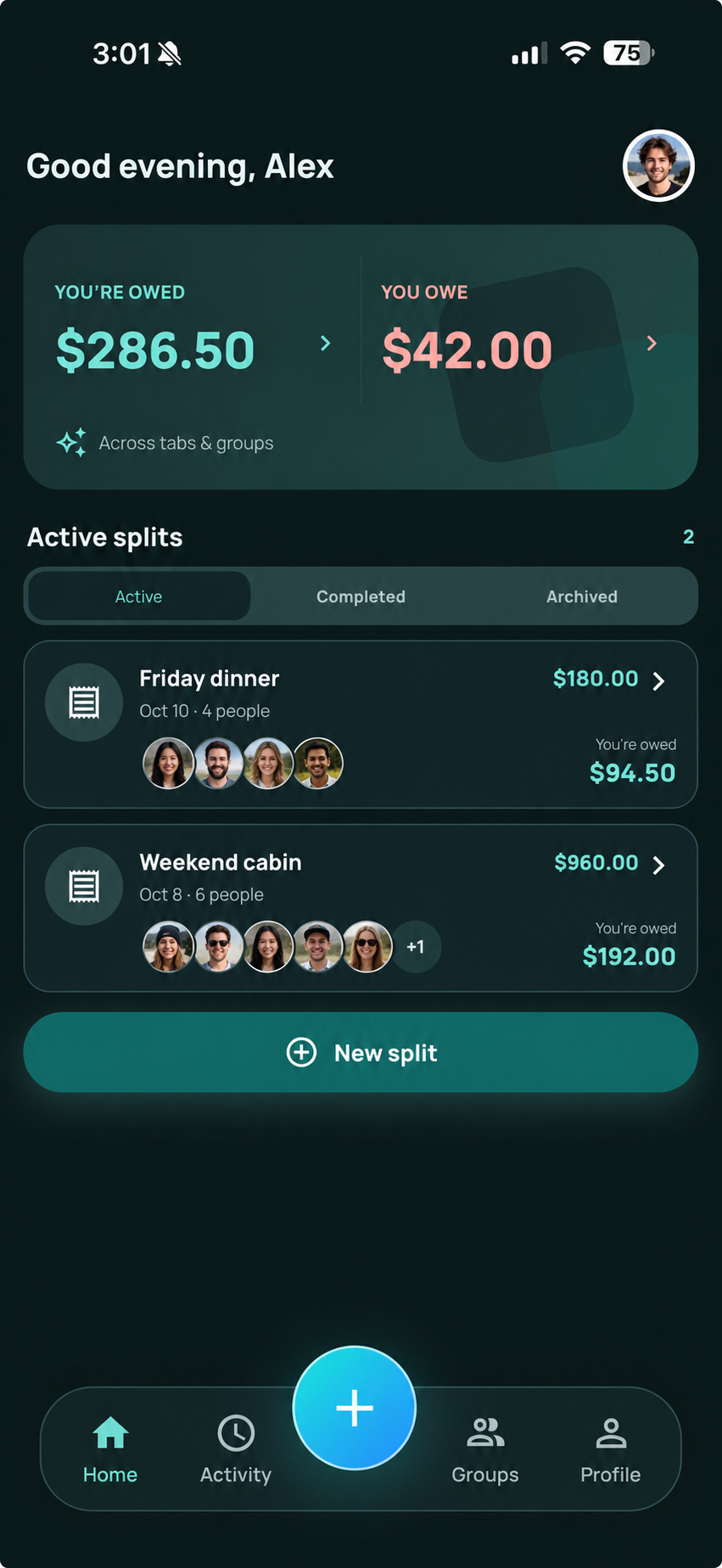 Tabz Home with sample data: Alex is owed $286.50 and owes $42.00, with Friday dinner and Weekend cabin tabs and participant profile photos.